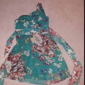 One shoulder teal floral spring / summer sun dress